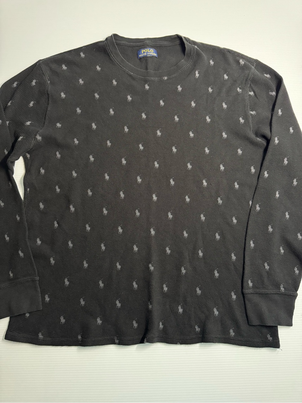 Polo by Ralph Lauren Black Long-Sleeve Waffle Knit Tee with Mini Pony Motif
